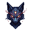 Cybernetic kitsune mask with glowing orange and yellow pixel eyes, deep blue and purple angular features, crimson accents, and a pulsing golden forehead light. Wisps of red pixelated energy trail from the sides.
