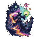 A robed figure with arms outstretched at the center of a psychedelic vortex of melting architecture, floating orbs, and glowing symbols.