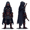 Shadowy rogue assassin in dark hooded attire and cape, with two daggers visible.