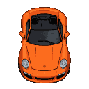 Top-down view of a vibrant orange pixelated Porsche on a black background.