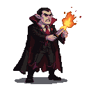 Menacing vampire in a dark suit and red-lined cape, snarling with a flaming knife.