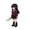 Young girl with flowing black hair and red eyes, wearing a black and red outfit, holding a gleaming kitchen knife.