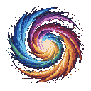 A vibrant, swirling vortex of energy with bands of deep blues, purples, oranges, and greens converging towards a bright core.