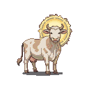 A cow with a creamy white coat and brown patches stands under a golden halo.