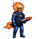 Menacing spaceman with a skeletal head engulfed in flames, wearing a blue spacesuit and holding a rocket launcher.