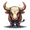 A brown and cream pixelated bull with shaggy mane and curved horns, gazing forward against a black background with scattered white pixels.