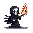 Stylized chibi Grim Reaper in a tattered black robe, holding a scythe with flickering orange and yellow flames.