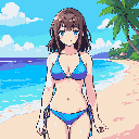 Young woman with brown hair and blue eyes in a blue bikini on a sunny beach, with ocean waves, palm trees, and distant islands.