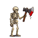 A pixelated skeleton with a blood-stained axe stands against a dark background.