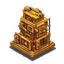 Intricate, golden machine with interlocking gears and pipes, displayed in isometric perspective against a transparent void.