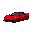 Vibrant red Ferrari SF90 in pixel art style, viewed from a three-quarter front angle against a black background.