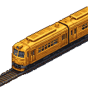 A golden train in isometric pixel art style on a black background.