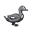 Grayscale pixel art stone duck in profile, head lowered, beak forward, angled as if in mid-stride.