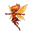 A fiery pixie with cascading flame hair and translucent, glowing wings hovers against a dark background.