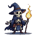 A skeletal wizard in a blue robe and pointed hat, holding a staff with a flaming top.