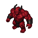 Crimson-skinned demon with dark horns and metallic bracers, in a top-down, three-quarter view.