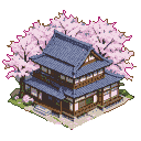 A multi-story traditional Japanese house with a dark tiled roof and visible windows, surrounded by blooming pink sakura trees.