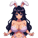 Anime character in a bunny girl outfit with fluffy white ears and dark hair, striking a playful, alluring pose.