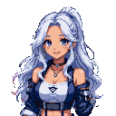 Young woman with long, flowing white hair in a high ponytail, wearing a dark blue jacket over a white top with an emblem, straps, and choker.