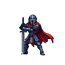 Knight in dark segmented armor with a red cape, gripping a sword planted before him.