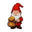 A gnome wearing a red cap and tunic holds a sack overflowing with gold coins.
