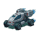 Rugged, advanced cubic robot vehicle with tinted cockpit and glowing blue thrusters.