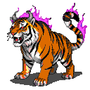 A tiger-like creature with orange and black stripes, curved horns, and glowing red eyes, with purple energy emanating from its mane and tail.