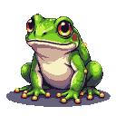 Vibrant green frog with large, glowing eyes and golden-tipped webbed feet.