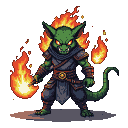 A green-skinned creature with glowing red eyes stands wreathed in flames, wearing dark segmented armor and a tattered scarf.