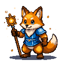 Anthropomorphic fox in a blue tunic with gold trim, holding a glowing sun staff.