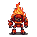 A heavily armored robot engulfed in vibrant, flickering flames.