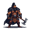 Muscular human barbarian warrior with a rugged beard, dark hair in a ponytail, wearing fur-lined shoulder armor, leather chest strap, fringed loincloth, armored bracers and boots, and a dark cape. He holds a massive, double-headed battle axe in his right hand.