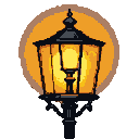 An ornate, dark metal street lamp with illuminated yellow glass panels, set against a warm, glowing orb.