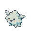 A small, fluffy, light blue creature with large eyes and rosy cheeks, smiling joyfully with stubby limbs outstretched.