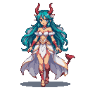 Demoness with flowing teal hair, vibrant red horns, and a deep red tail, wearing an ornate white and gold outfit.