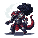 Armored dragon-like creature with dark metallic scales, segmented crimson-accented armor, sharp horns, and a red spiked crest, exhaling dark smoky energy from its maw.