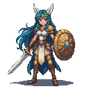 Artemis, a warrior with flowing teal hair, stands in golden armor holding a sword and shield.
