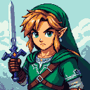 Young hero in green tunic and hood, holding a blue-hilted sword.