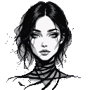 A woman's face with melancholic intensity, framed by loose hair, with abstract ribbon-like shapes swirling around her neck and shoulders. The high-contrast black-and-white sketch uses thin, sharp lines for a dramatic, textured feel.