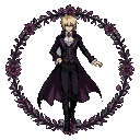 Alois Trancy, a regal figure in a black suit with purple lining and a high collar, stands within a dark, thorny floral wreath.