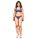 Woman in a blue bikini with long brown hair, looking forward serenely.