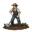 Farmer in overalls and straw hat, holding a shovel and tilling the soil.