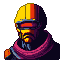 Stoic warrior with a yellow and orange helmet, red goggles, and a magenta scarf, looking down grimly.