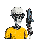 Skeletal figure in thick-rimmed glasses and a yellow t-shirt holding a futuristic plasma pistol.