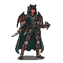 Half-demon woman in hooded cloak and leather armor, holding a dagger. Crimson bat-like wings are visible.