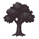 A gnarled tree with a dense, pixelated canopy in muted purples and greys stands against a black background, with a faint light flickering within the foliage.