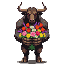 A minotaur with red eyes holds a colorful bouquet of flowers.