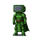 A knight in emerald green pixelated armor with a vintage television for a head, standing with a gray, unlit screen.