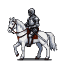 A knight in segmented armor sits on a white horse, sword sheathed at their side.