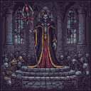 Skeletal figure in dark, red and gold trimmed robes holds a staff with a glowing crimson gem, standing on a tiered platform amidst cobblestones, skulls, and bones. Gothic arched windows are in the background.